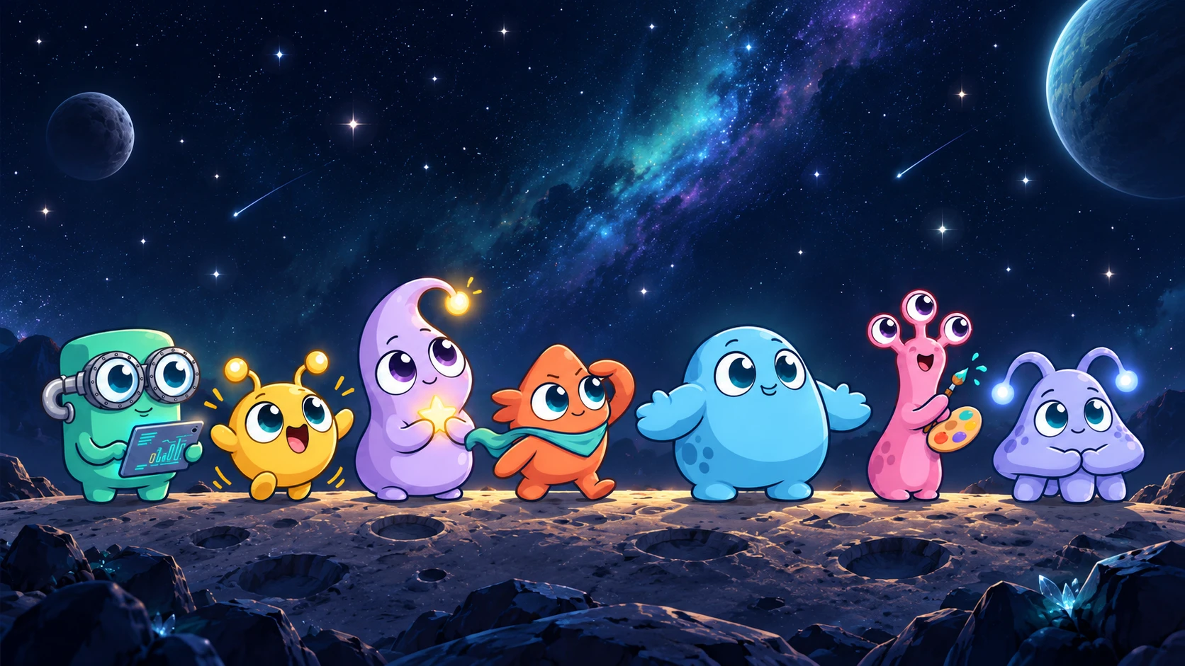 Our seven friendly alien characters: Mo, Pip, Luma, Zig, Bo, Nori, and Moss