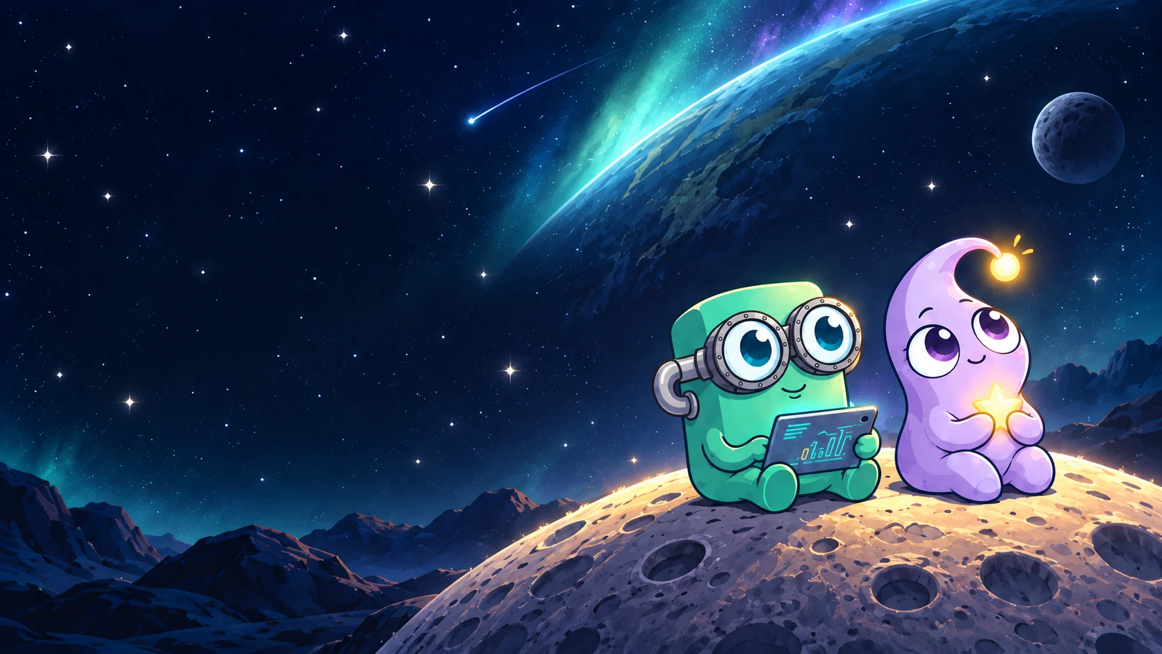 Mo and Luma sharing a quiet moment on a moon beneath a glowing teal planet