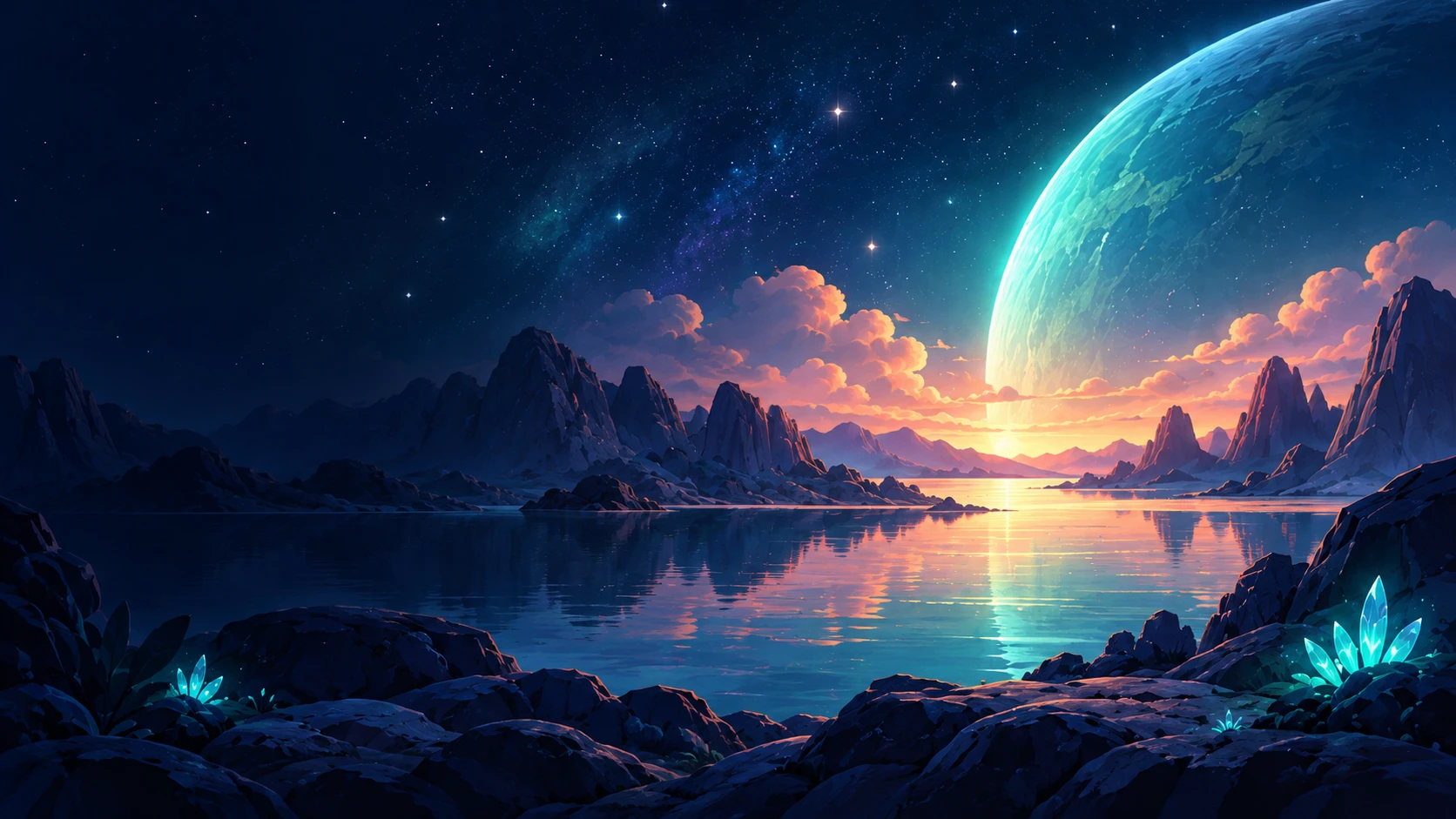 A serene alien lake beneath a large planet and warm twilight sky